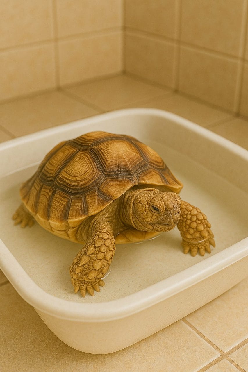 Tortoise standing in a shallow bath of lukewarm water during a soak, water reaching only a third of the way up the shell
