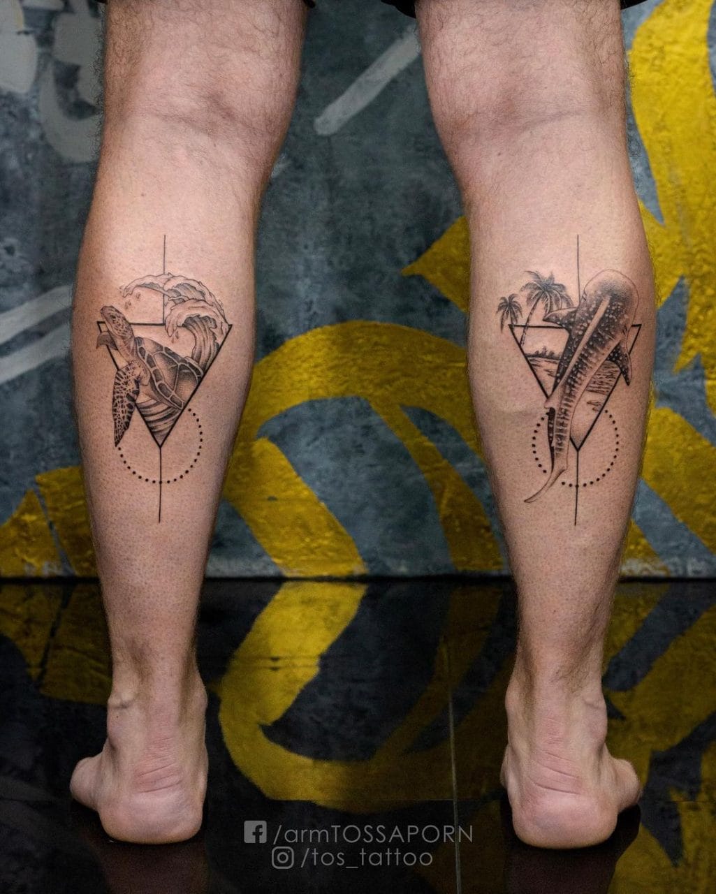 Matching geometric calf tattoos with sea turtle, palm trees and triangle frame