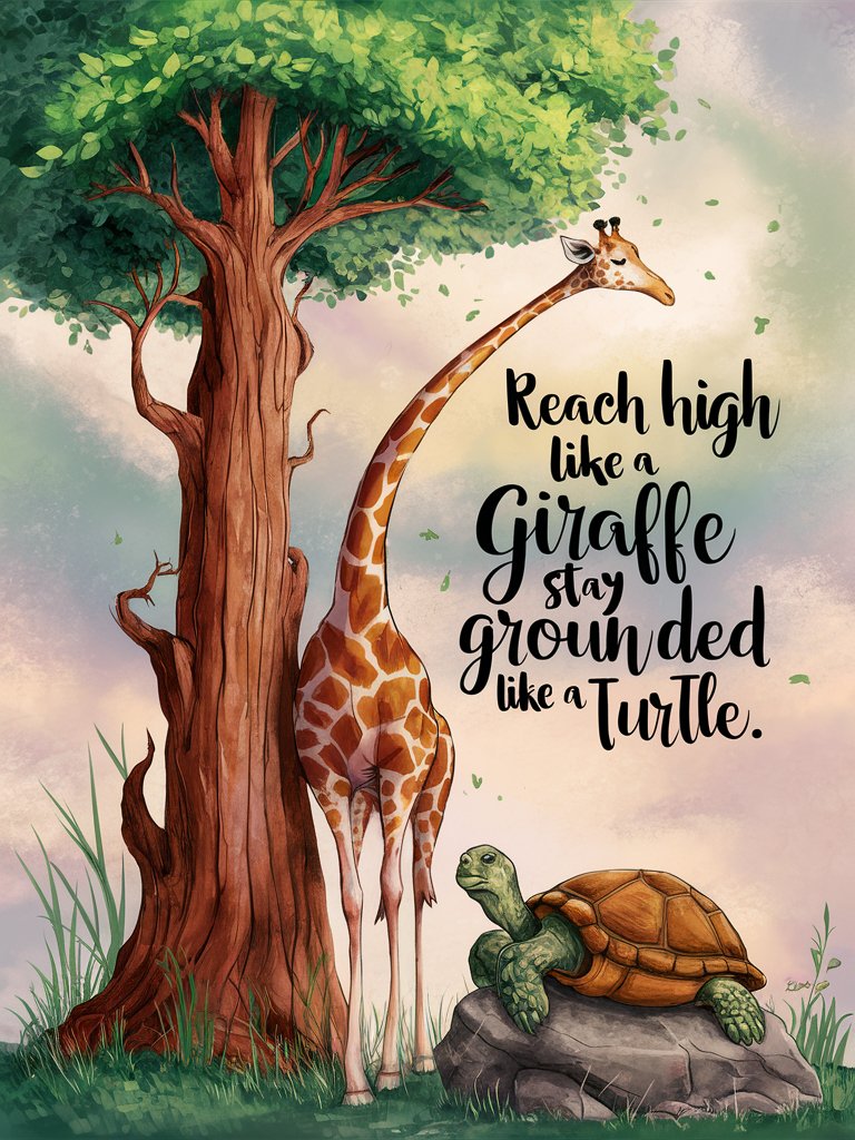 motivational poster showing a giraffe and turtle with the quote reach high like a giraffe stay grounded like a turtle