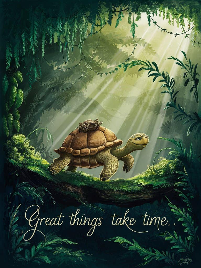wise looking turtle illustration with the quote great things take time