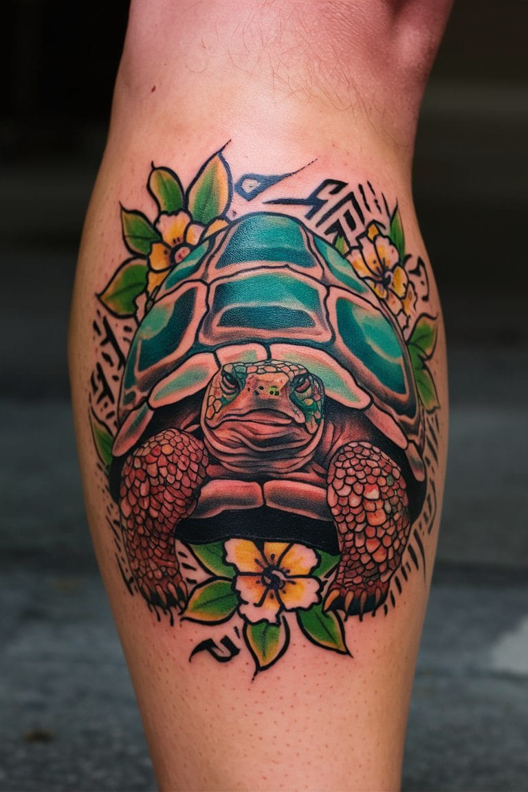 Neo-traditional teal-shell tortoise tattoo on the calf with hibiscus flowers
