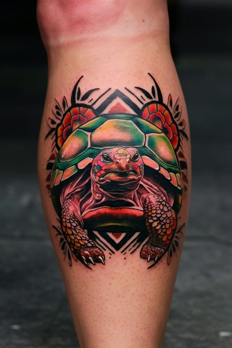Vivid color tortoise tattoo on the calf with mandala border and red roses