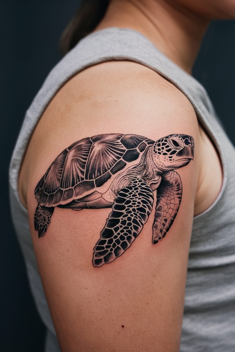 Photorealistic black and grey sea turtle tattoo on the upper arm
