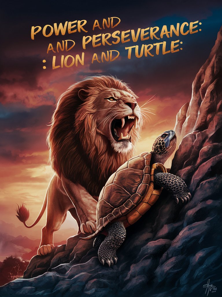 fierce lion roaring beside a determined turtle with the quote power and perseverance lion and turtle