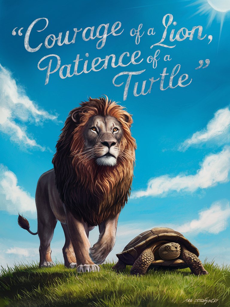 majestic lion standing proudly next to a calm turtle with the quote courage of a lion patience of a turtle