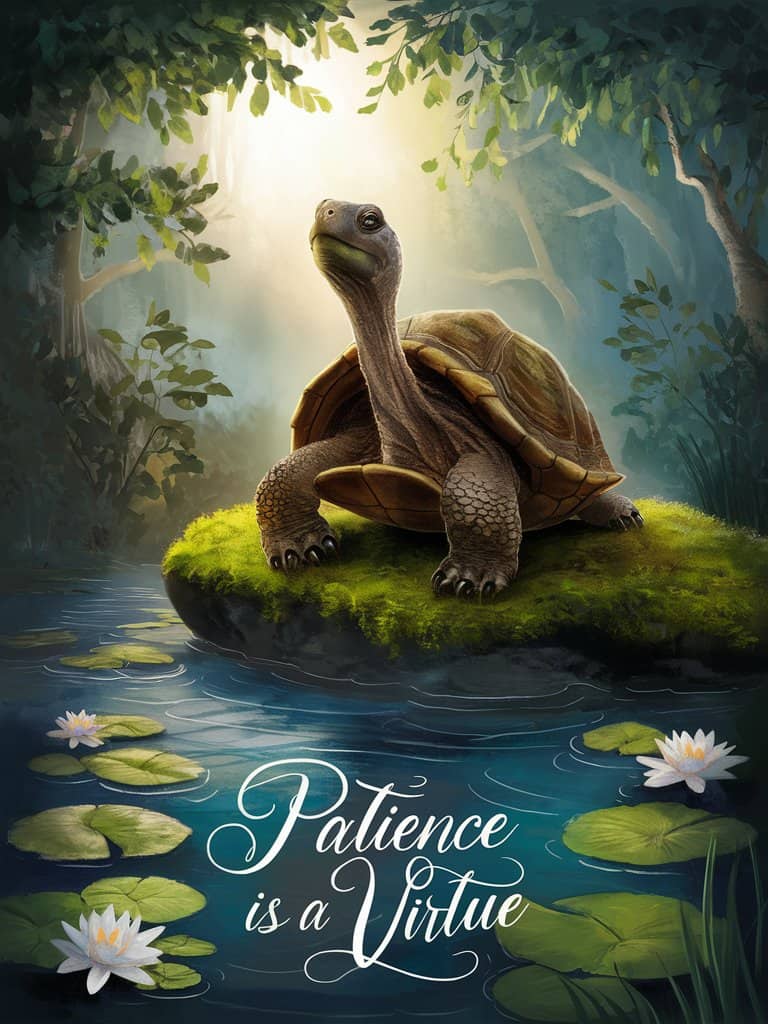 serene wise looking turtle illustration with the quote patience is a virtue