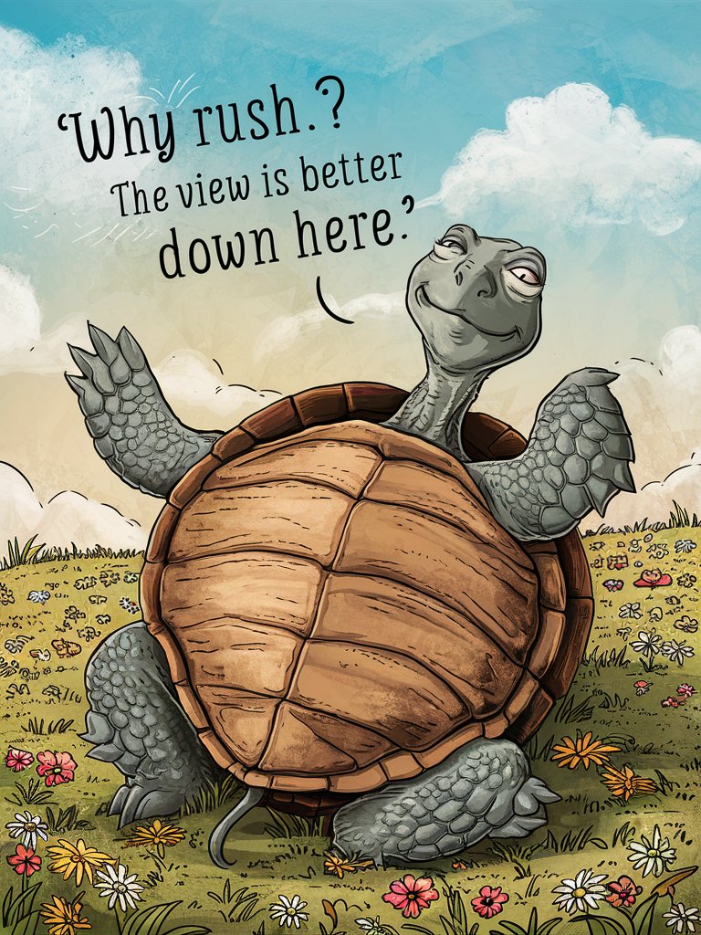 turtle with a relaxed expression laying on its back with the quote why rush the view is better down here