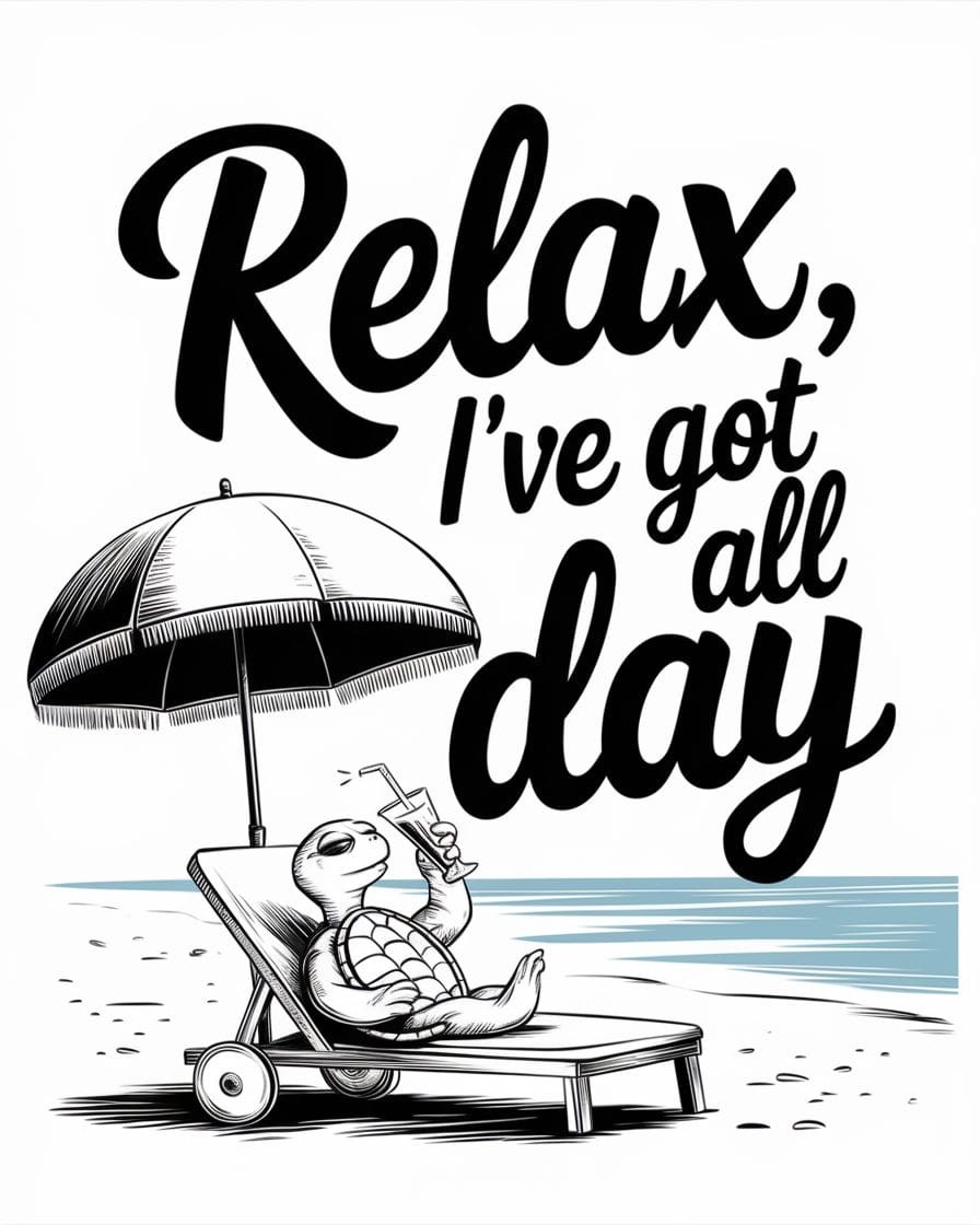 beach scene with a turtle relaxing on a lounge chair with the quote find your own pace then enjoy it
