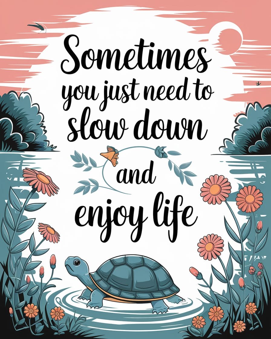 peaceful garden scene with a turtle walking slowly with the quote peace is a pace not a place