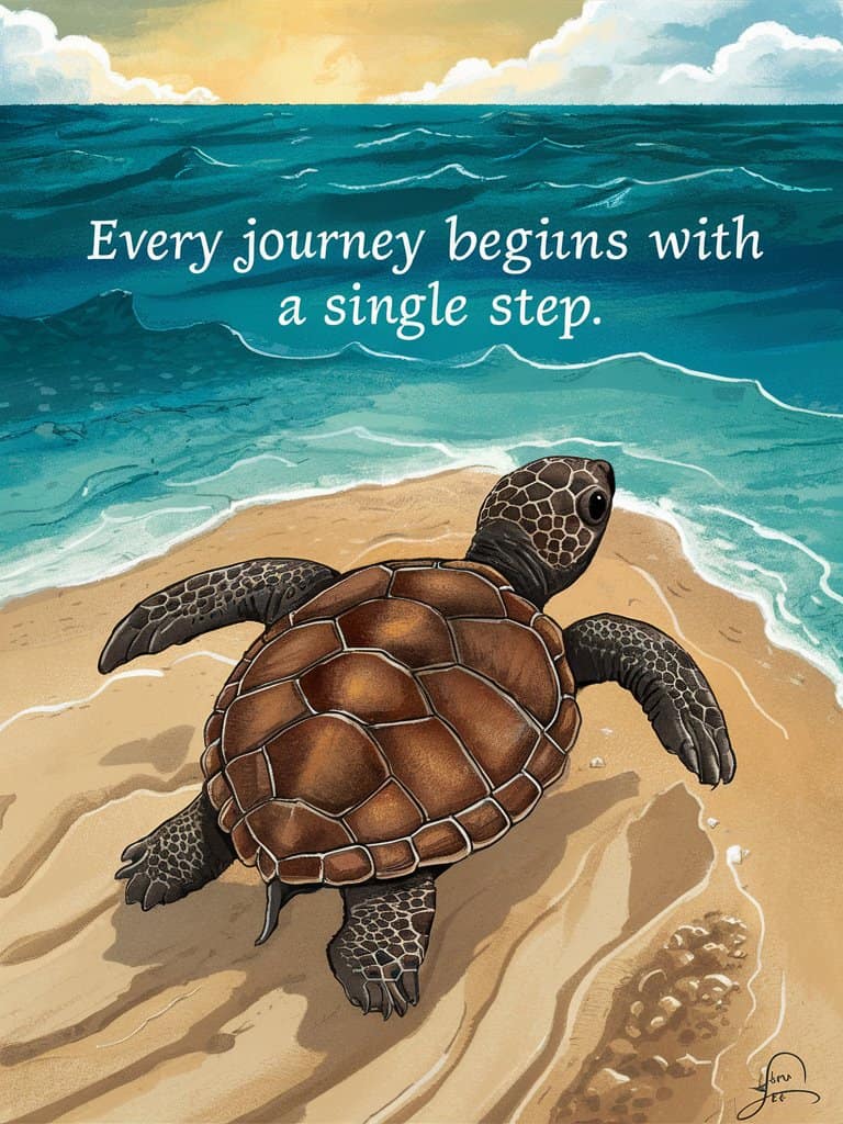 baby turtle making its way to the ocean with the quote every journey begins with a single step