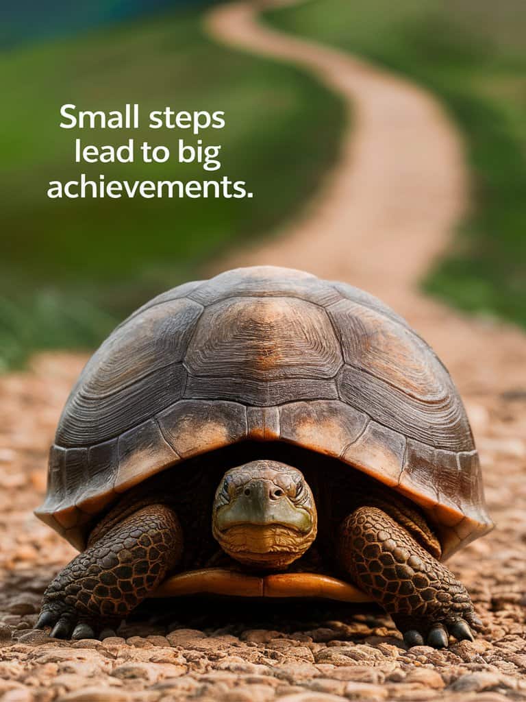 close up of a turtle's feet walking with the quote small steps lead to big achievements