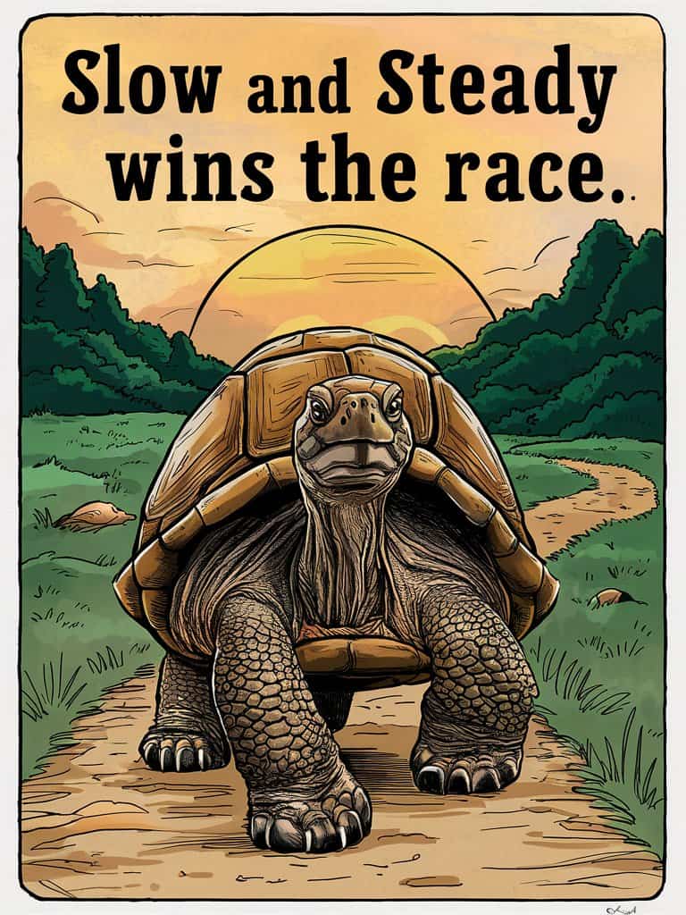 determined turtle walking confidently with the quote slow and steady wins the race