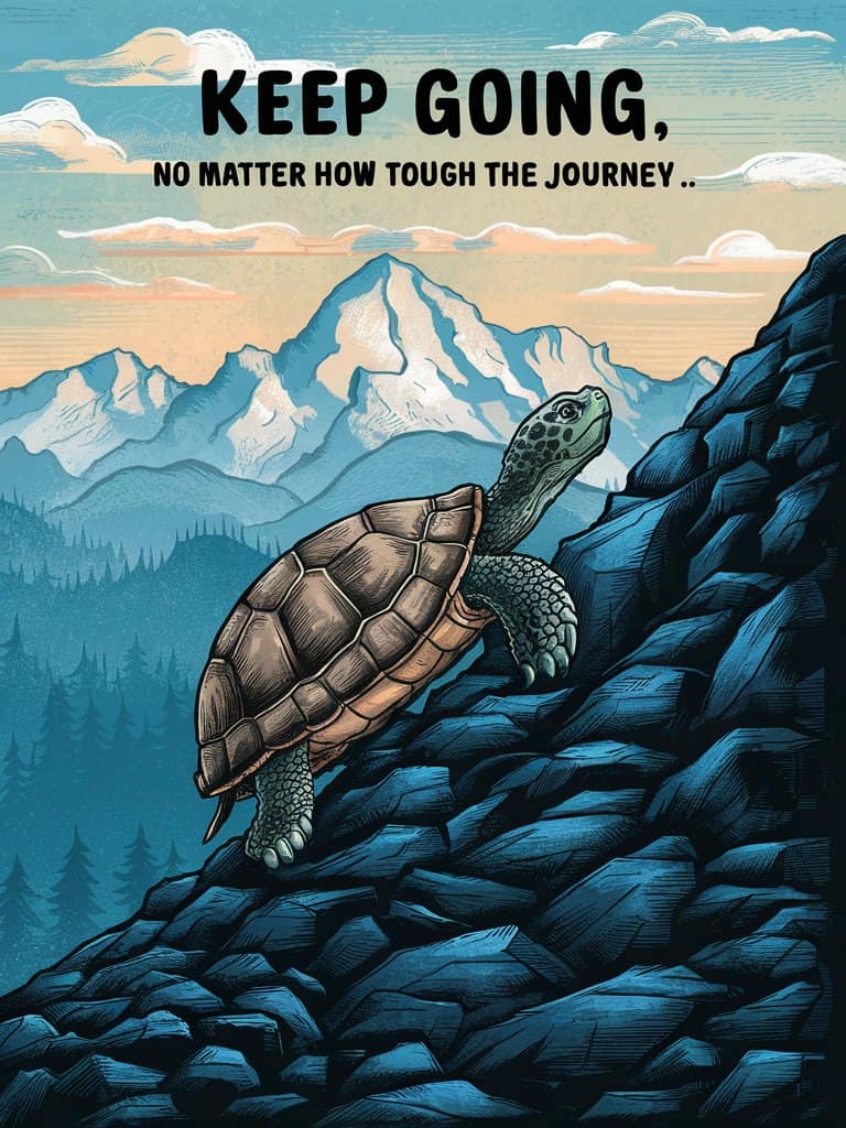 turtle climbing up a rocky hill with the quote keep going no matter how tough the journey