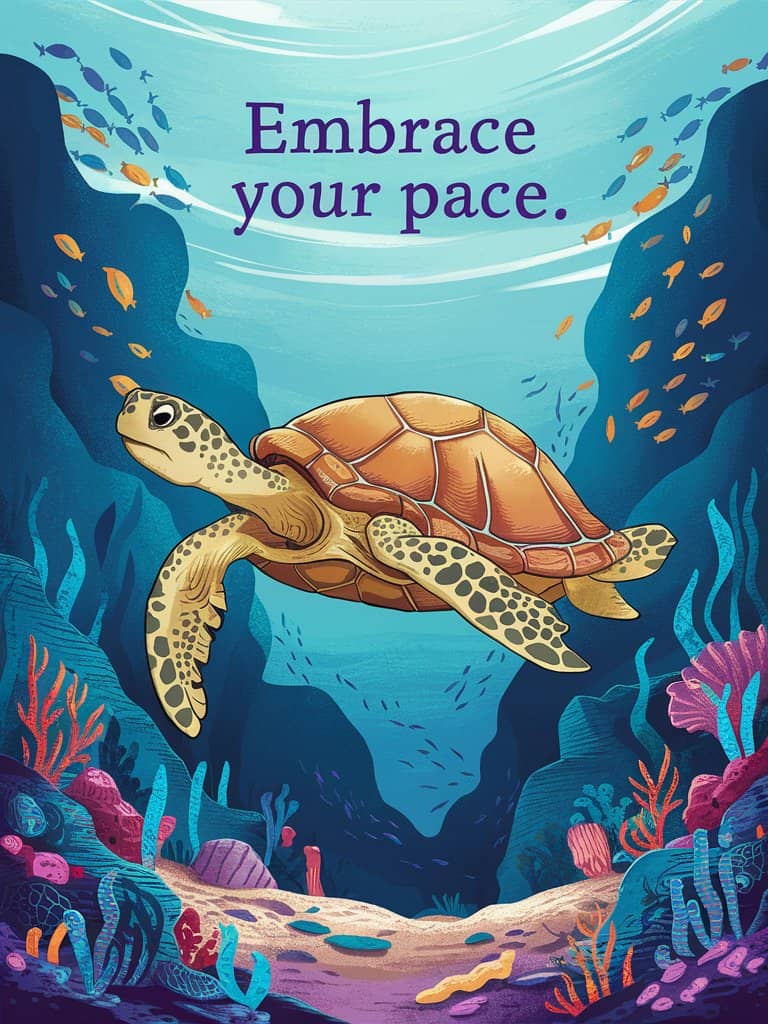 turtle leisurely swimming underwater with the quote embrace your pace