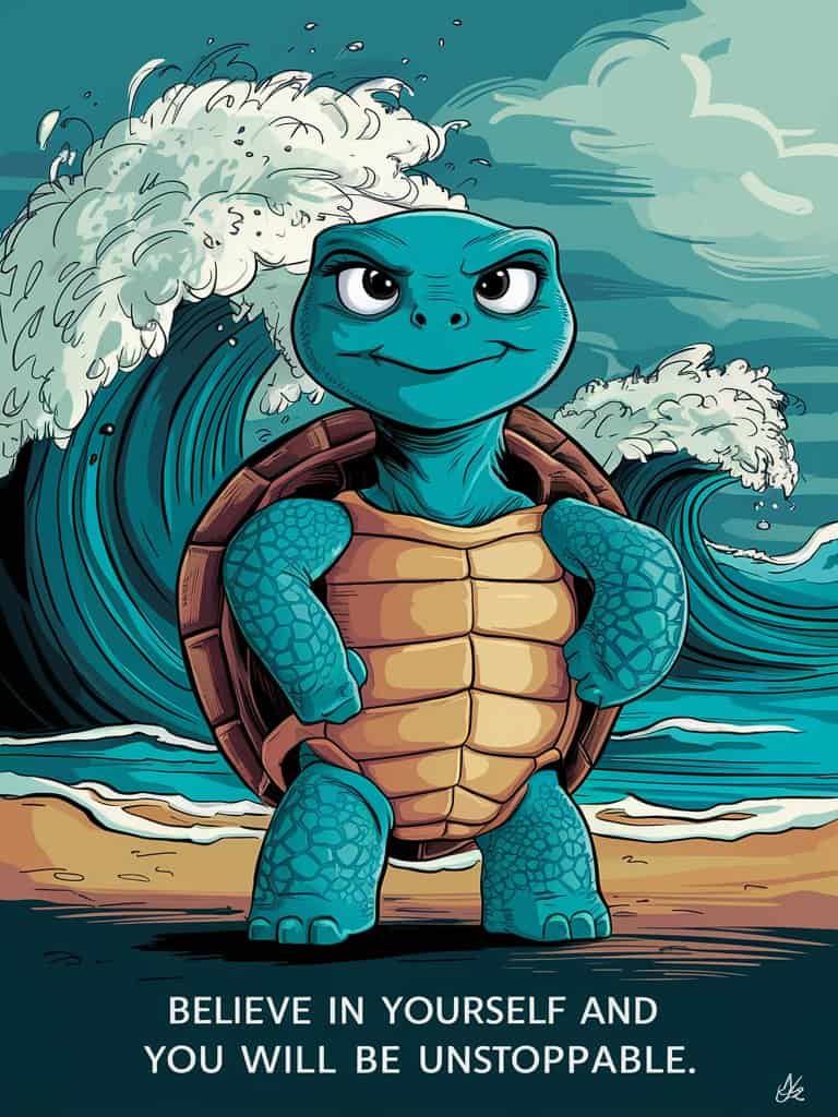 turtle with a confident expression and the quote believe in yourself and you will be unstoppable