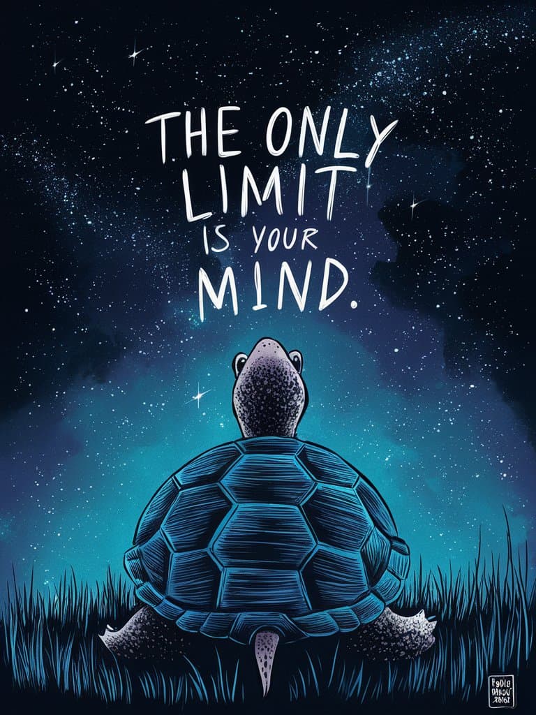 turtle looking up at a starry night sky with the quote the only limit is your mind