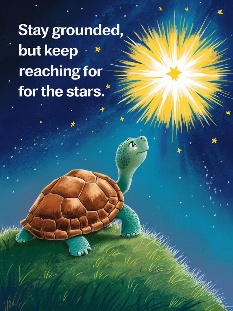 turtle on a grassy hill looking up at stars with the quote stay grounded but keep reaching for the stars