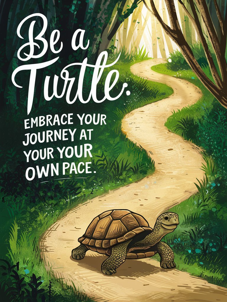 turtle walking calmly along a winding path with the quote be a turtle embrace your journey at your own pace