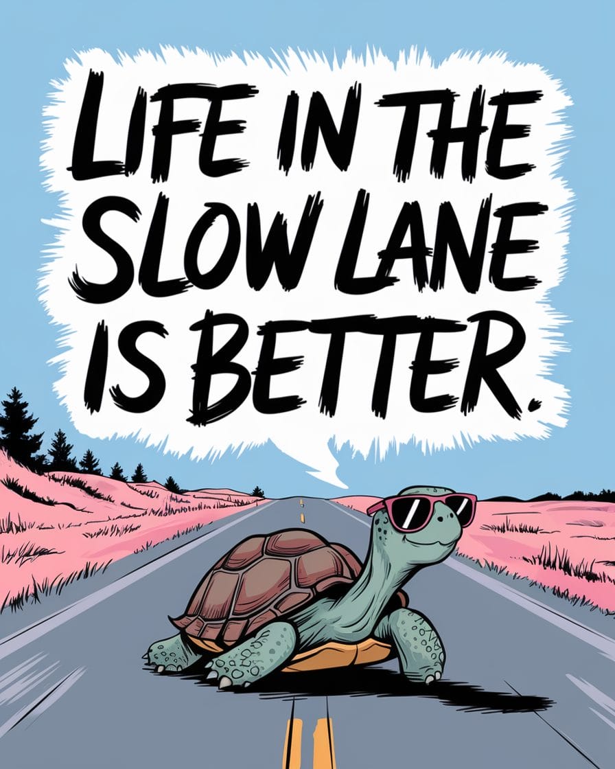 turtle cruising on a quiet road wearing sunglasses with the quote cruise through life don't race through it