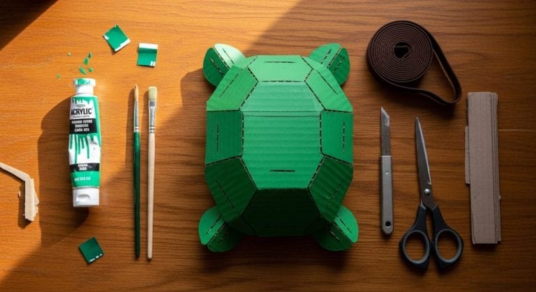 Overhead flat-lay of a finished DIY green cardboard turtle shell costume surrounded by paint, brushes, scissors, and craft supplies on a warm wooden table