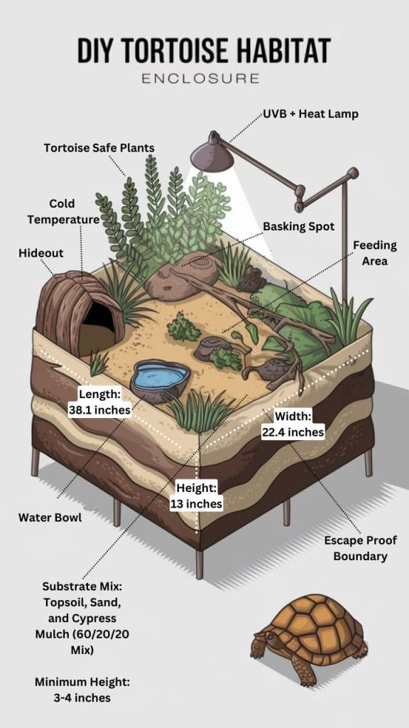 DIY tortoise habitat enclosure blueprint infographic with dimensions and layout