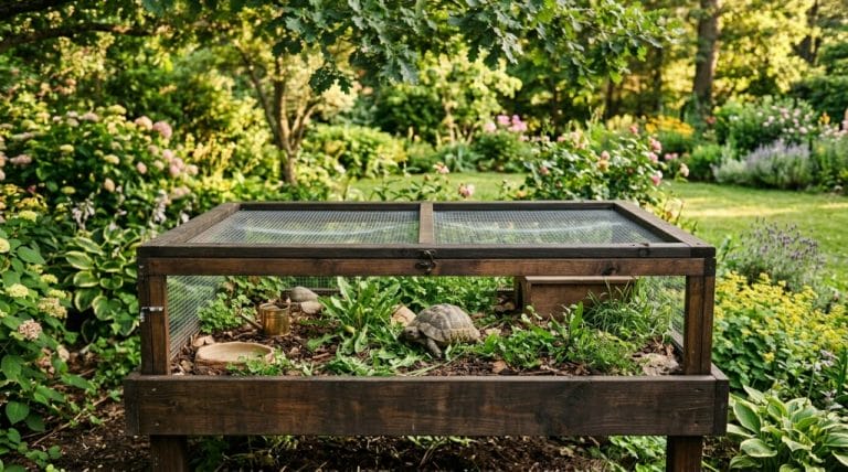 outdoor tortoise enclosure in a backyard garden with a tortoise roaming inside