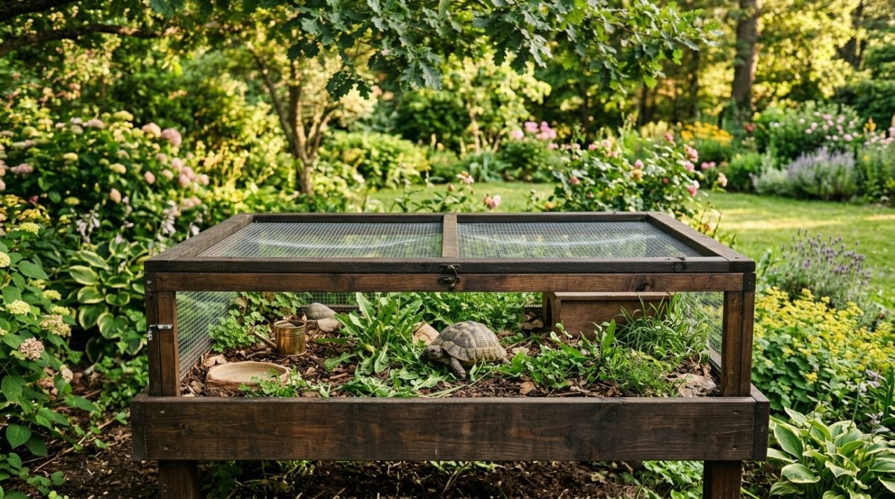 outdoor tortoise enclosure in a backyard garden with a tortoise roaming inside