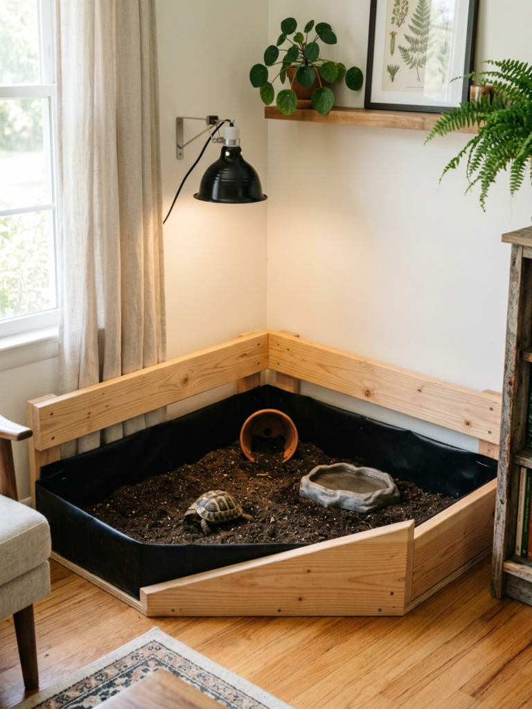Triangular corner tortoise enclosure built from two timber wall cleats and a diagonal front board, lined with pond liner and deep topsoil