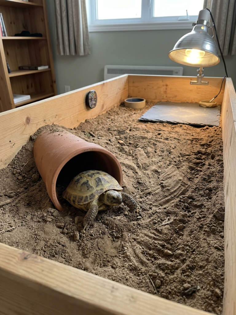 Deep-substrate Russian tortoise burrow table with a buried terracotta pipe hide, packed sand and soil mix, and a slate basking tile under a heat lamp