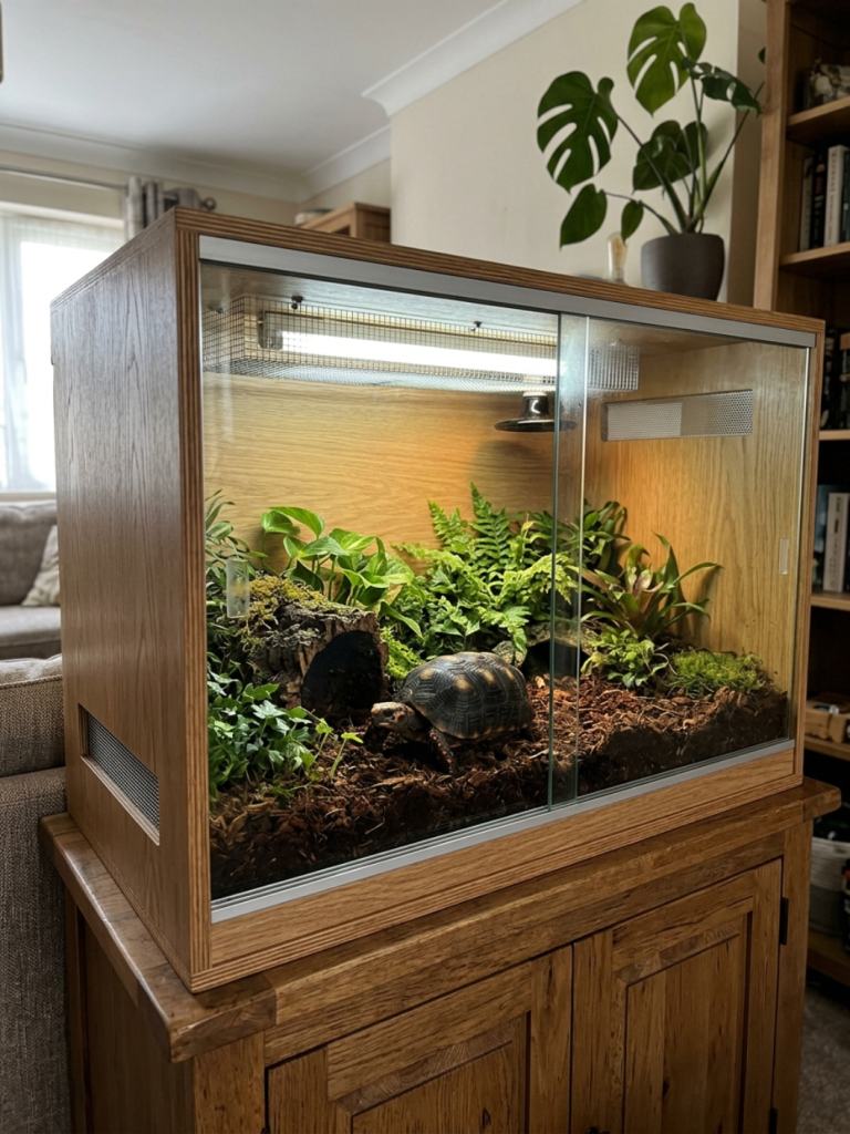 Sealed wooden tortoise vivarium with sliding glass front, mesh vent strips, and an interior UVB tube holding a planted closed chamber