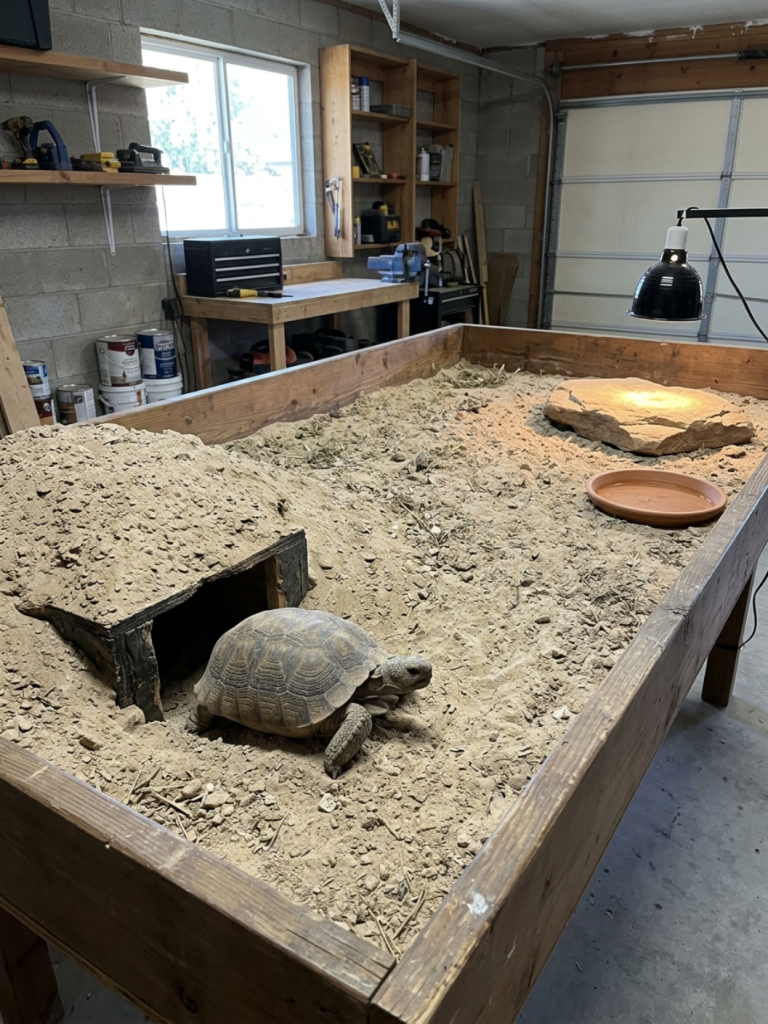 Arid indoor desert tortoise table with a sand-covered plywood burrow box, dry sand substrate, and a flat basking rock under a heat lamp