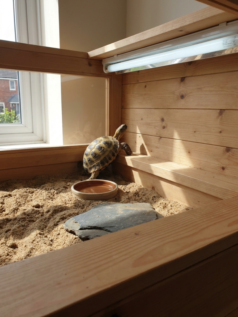 Russian tortoise reaching up against the inside wall of a wooden tortoise table fitted with an anti-climb overhang lip and a T5 UVB tube