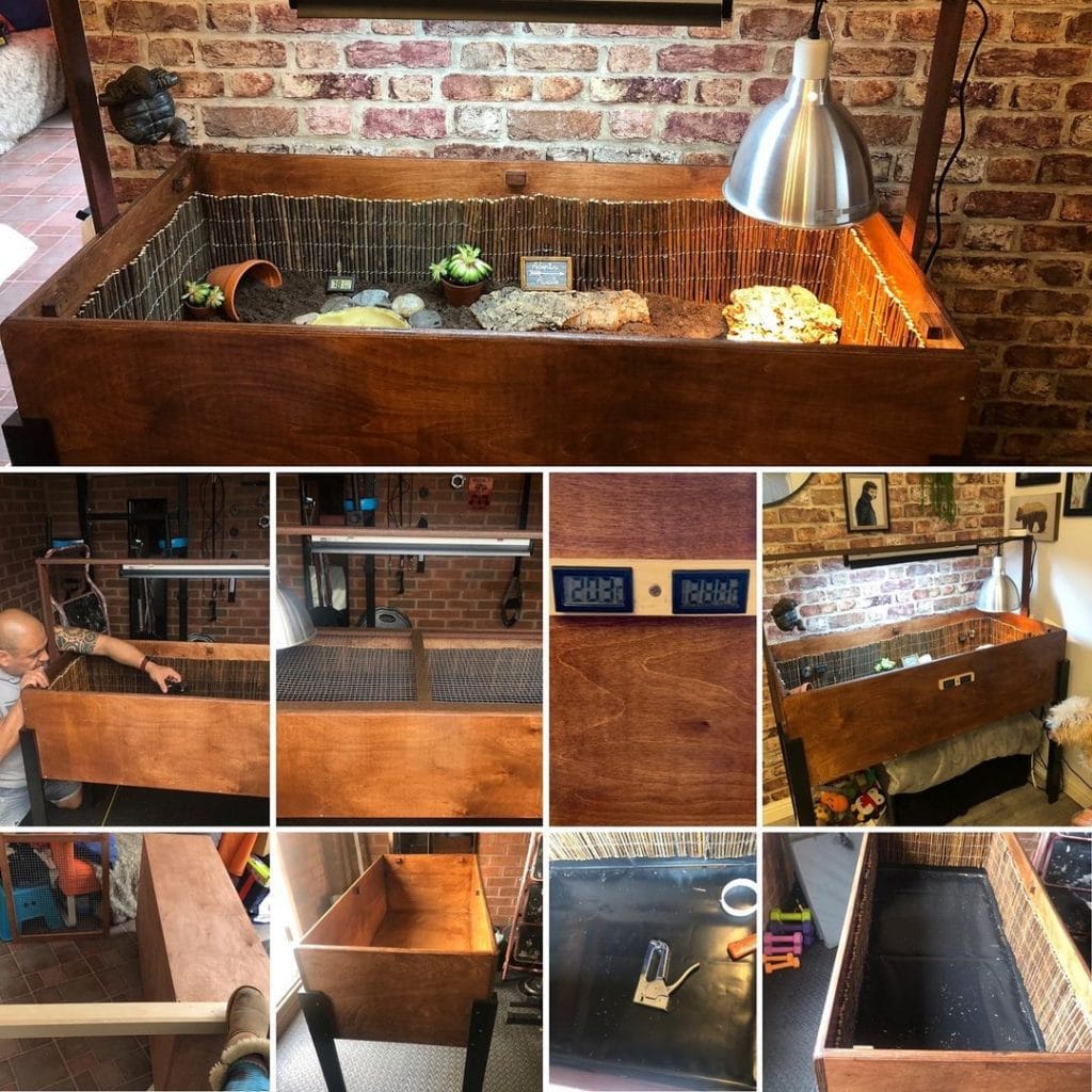 rustic dark stained DIY tortoise table build process collage
