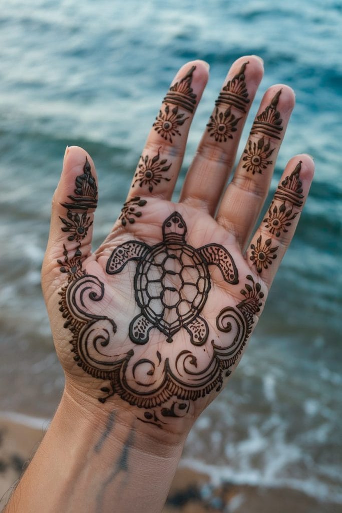 Sea turtle henna design with swirling waves and temple spires on the palm