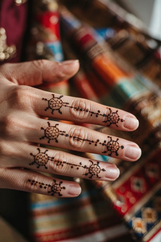 Tiny turtle henna designs marching across each finger