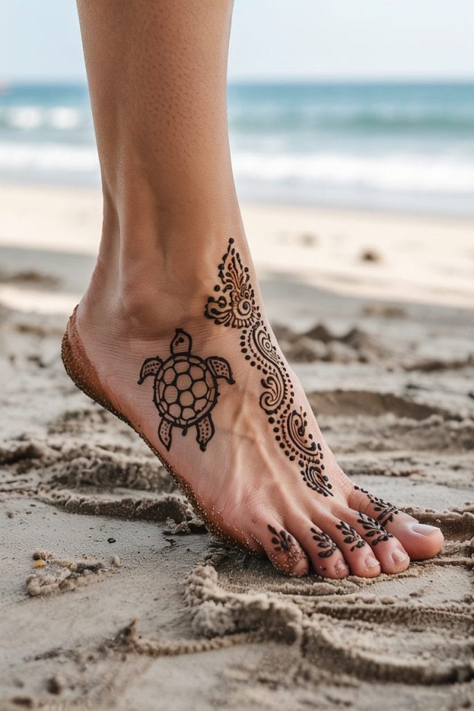 Minimalist turtle henna design walking up the side of a foot