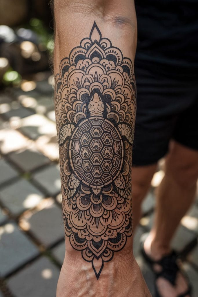 Mandala-style turtle henna armor wrapping the forearm