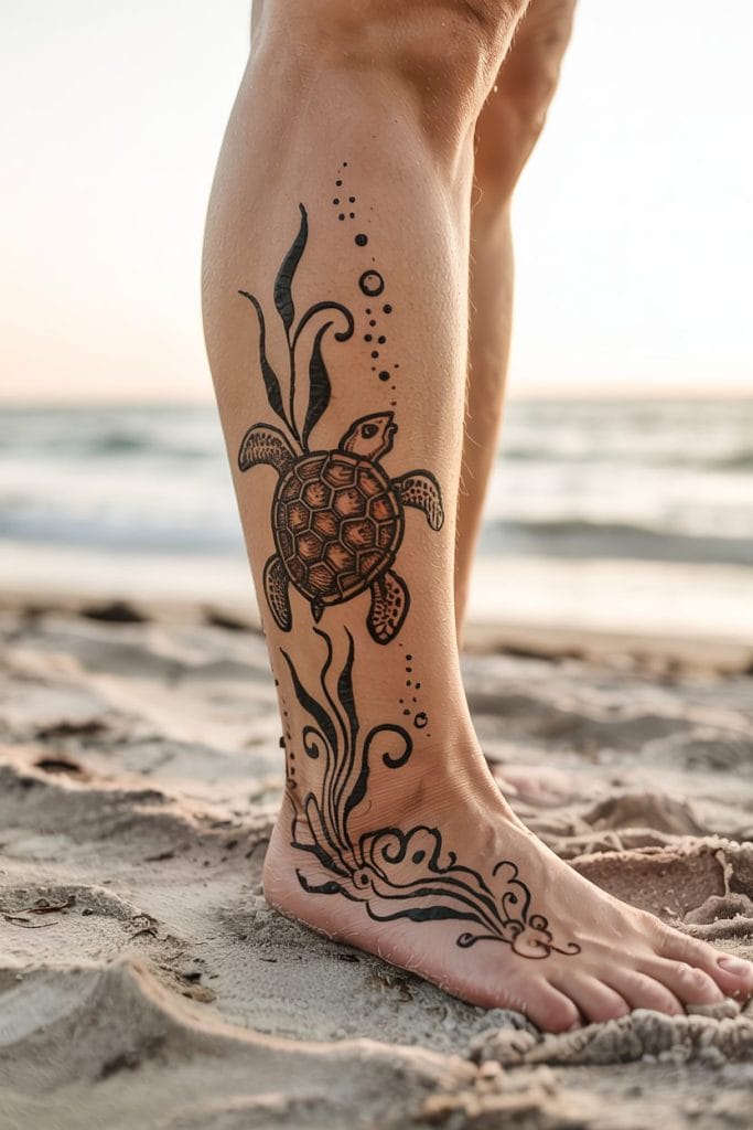 Ocean breeze turtle henna design with seaweed swirls on the lower leg