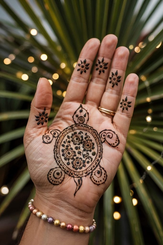 Floral turtle henna design with blooming flowers covering the palm