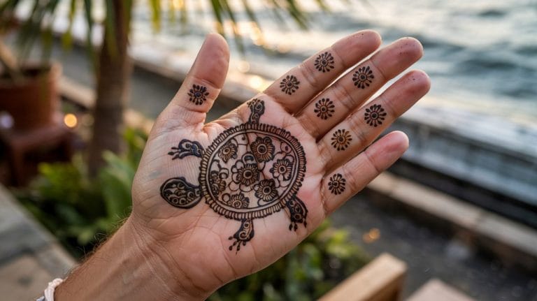 Detailed turtle henna design covering a decorated palm