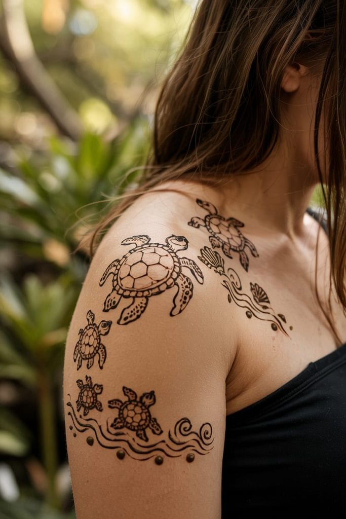 Mother and baby turtle henna parade flowing across the shoulder