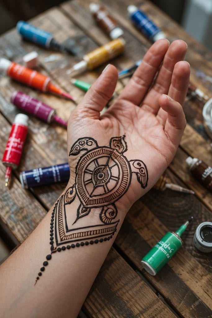 Geometric turtle and ship wheel henna design on the wrist