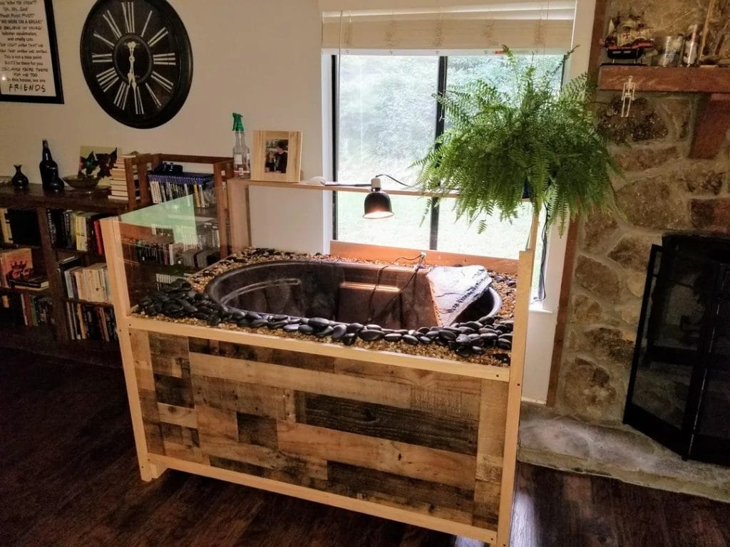 Indoor turtle pond with reclaimed wood frame, river stones, and glass viewing panel