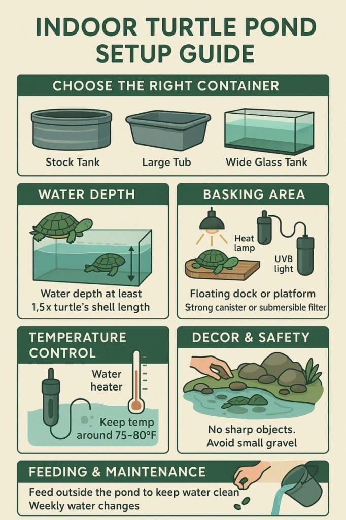 Indoor turtle pond ideas infographic with 7 setup designs