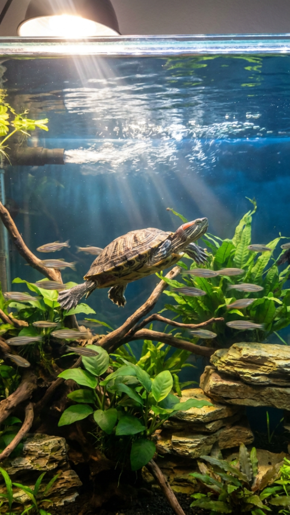 Turtle and fish community tank with a turtle swimming among fish in a large planted aquarium