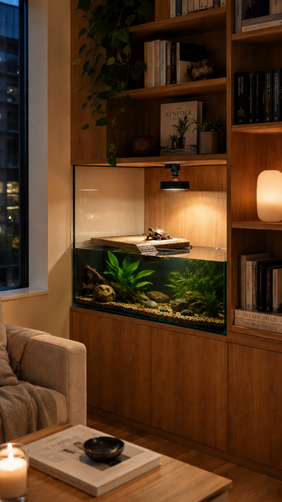 Space-saving corner aquatic turtle tank built into bookshelf furniture in a small apartment