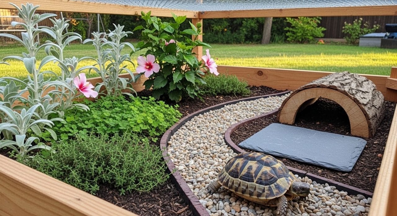 Outdoor tortoise garden enclosure with mixed plantings, pebble path, wooden half-log hide, and a Hermann's tortoise mid-stride