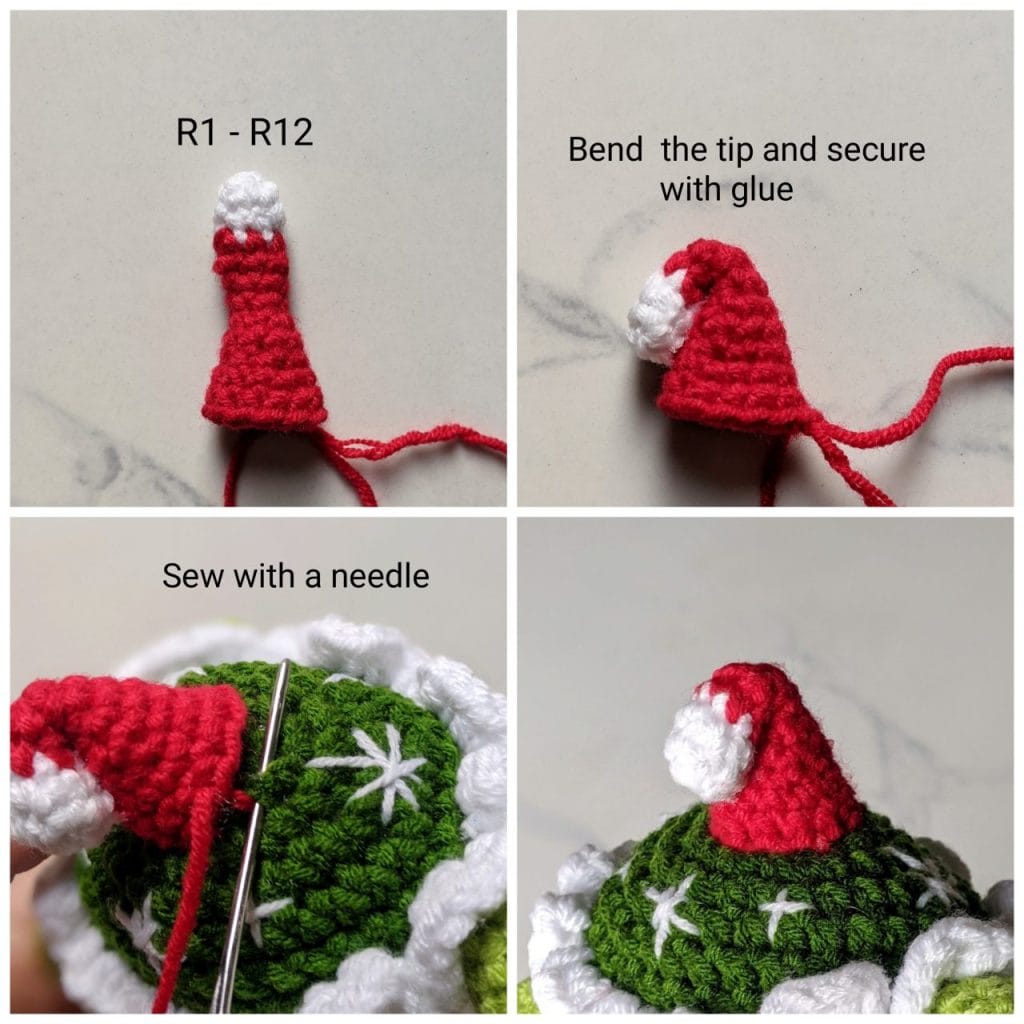 Red and white Santa hat with the bent tip secured by craft glue, ready to be sewn onto the top of the dark green tortoise shell