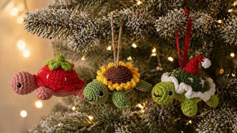 Three free crochet turtle Christmas ornament patterns — strawberry with a gold thread loop, sunflower with jute twine, and a Santa-hat tortoise with red velvet ribbon — hanging together from a snow-dusted evergreen branch