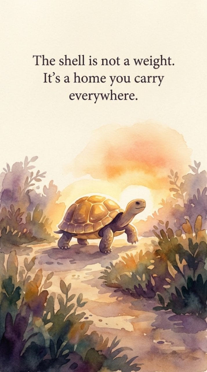 turtle walking at sunset with the quote the shell is not a weight it's a home you carry everywhere